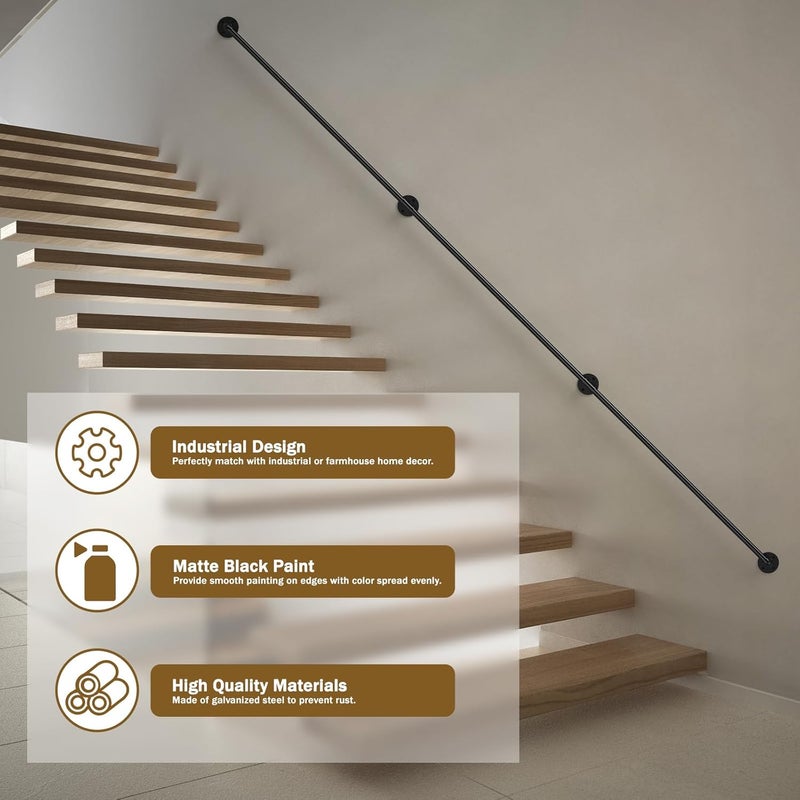 DAMEING 4FT Heavy Duty Stair Handrail, Galvanized Metal Pipe Hand Rail Kit, 440LB Capacity, Wall Mounted Stair Railing for Indoor/Outdoor Steps, Porch, DIY Safety Rail - Image 2